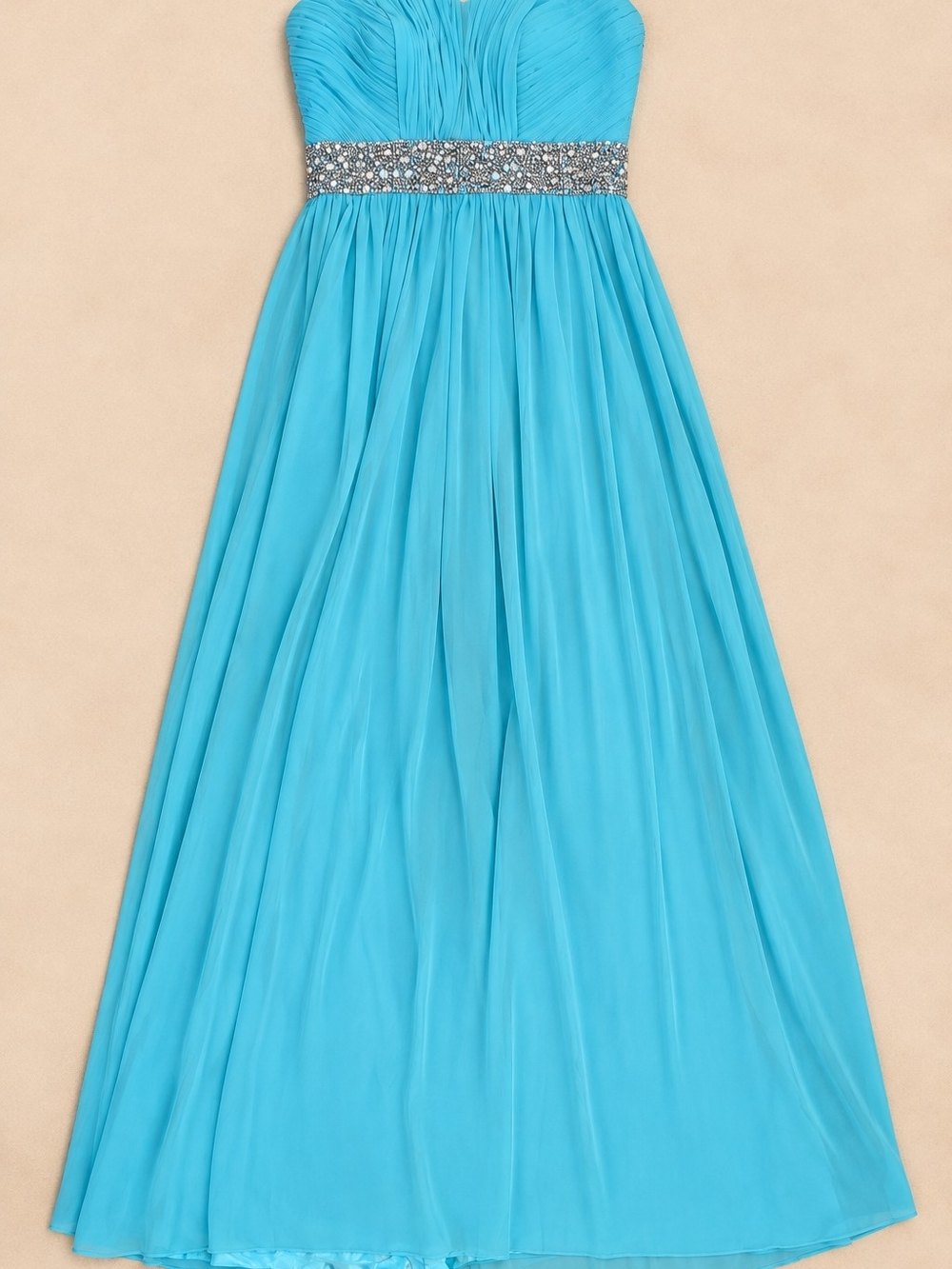 Calvin Klein Aqua Strapless Chiffon Gown with Jeweled Waist